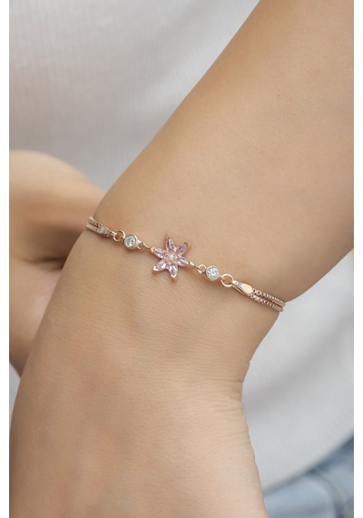 Nereze 925 Ayar Pembe Taşlı Lotus Çiçeği Gümüş Bileklik