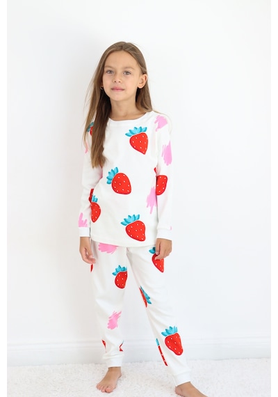 Kız Çocuk Orta Kalınlıkta Basic Baskılı Pijama Takımı Beyaz