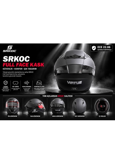 Srkoc İntercom Uyumlu Full Face Ece 22.06 Sertifikalı Mat Siyah Motorsiklet Kaskı