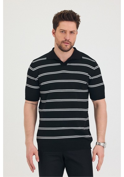 Tarz Cool Erkek Polo Yaka Çift Çizgi Detaylı Triko T-shirt Siyah