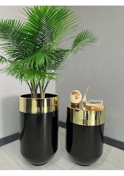 Dekoratif Gold Darbuka Parlak Siyah Saksı 70cm + Sehpa 60cm İkili Set