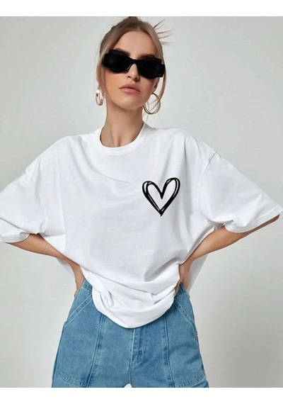Kadın Tişort Kalp Baskılı Bisiklet Yaka Kısa Kol T-shirt - Beyaz