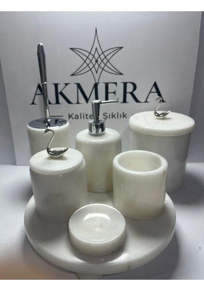 Mermer Top Ayaklı Standlı 7 Parça Lüks Banyo Seti Beyaz - Krom