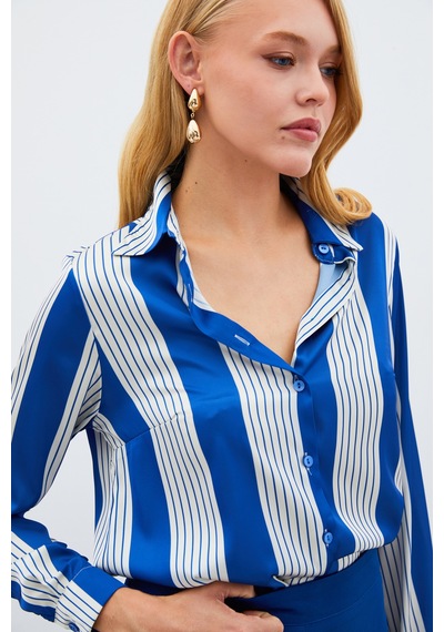 Sateen Çizgi Desenli Gömlek - Saks Mavisi-134967 Saks Mavisi Saks
