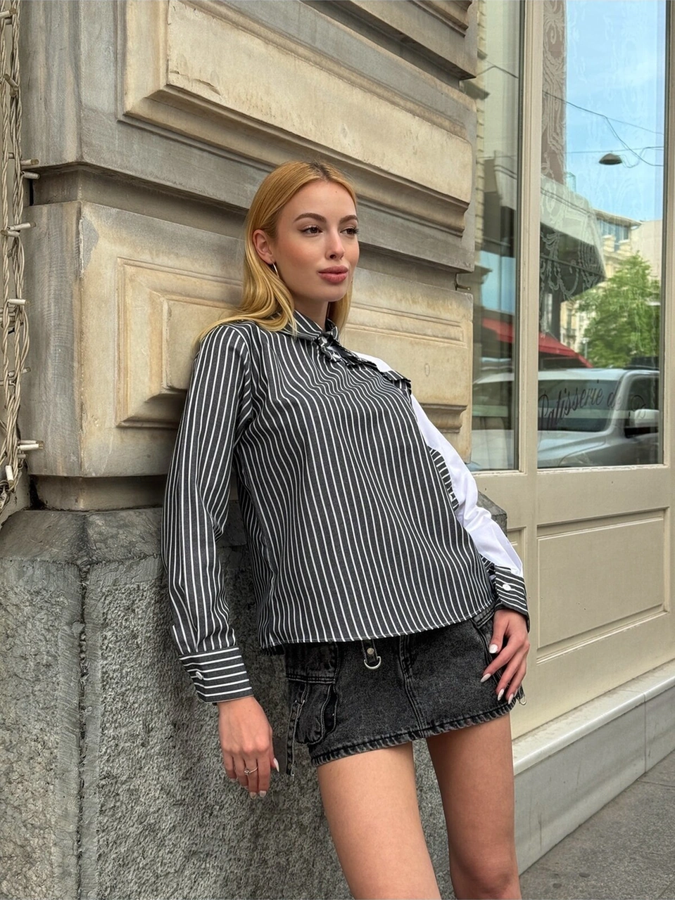 Mamayaga Kadın Özel Tasarım Yaka Kol Düğmeli Çizgili Garnili Bluz Boy Pamuk Curve Şık Gömlek Siyah