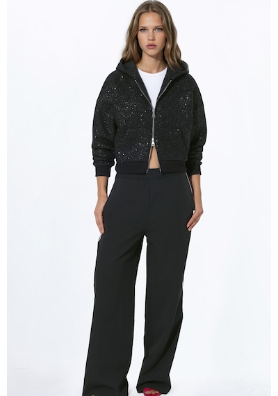 Hiccup Işıltılı Kapüşonlu Fermuarlı Sweatshirt Siyah
