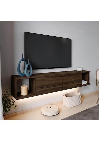 İnarch Dizayn Twist Led Işıklı Duvara Monte Tv Sehpası - 2 Kapaklı Ceviz
