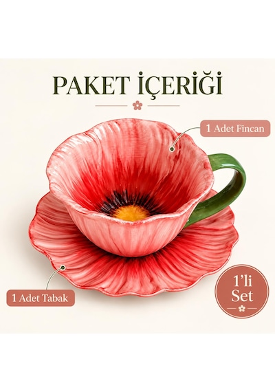 Valkyrie Gelincik Serisi Çiçek Tasarımlı Fincan Ve Tabak Seti 350 Ml Dekoratif Kahve Çay Fincanı Krm Kırmızı