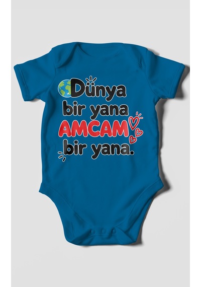 Morivokids Dünya Bir Yana, Amcam Bir Yana Kısa Kollu Bebek Body %100 Pamuk Koyu Mavi