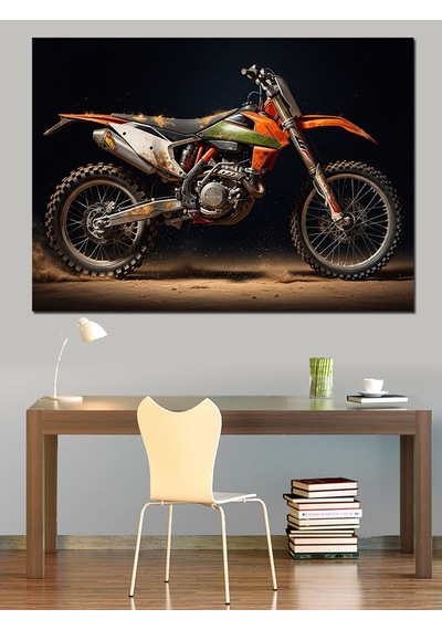 Dağlık Arazide Turuncu Cross Motosiklet Dekoratif Kanvas - Mdf Ahşap Tablo