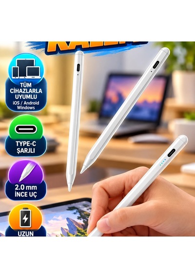 İos Android Windows Uyumlu Stylus Yazı Ve Çizim Kalemi 2.0 Mm İnce Uçlu Type-c Şarjlı