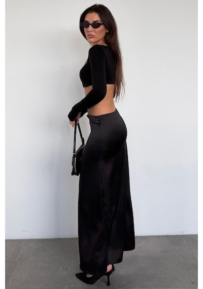 Madmext Siyah Saten Midi Boy Şık Kadın Etek Mg2637 Siyah
