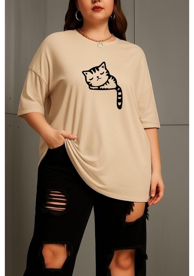 Büyük Beden Çizgili Uykusuz Kedi Baskılı Unisex Tişört Bej
