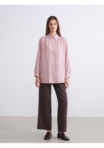 Lcwaıkıkı Classic Pembe Gömlek Yaka Çizgili Oversize Kadın Tunik