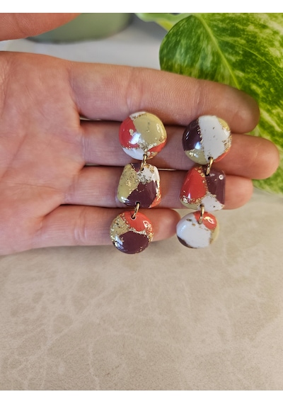 El Yapımı Polimer Kil Küpe - 14k Altın Kaplama Çelik Detaylı & Altın Varaklı 3'lü Katmanlı Sallantılı Küpe Aura Cascade Rose Gold