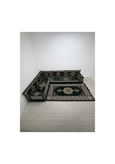 Güneş Modeli Yeşil Otantik Şark Köşesi Takımı L Set - Geleneksel Yer Minderi Seti 10 Cm Minder Kalınlığı 10 Parça