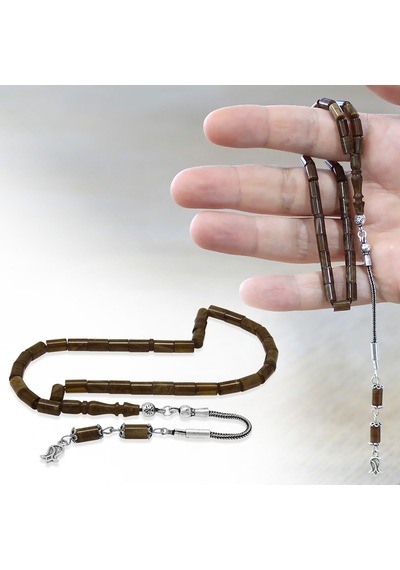 Tesbihane Sıkma Kehribar Tesbih - 925 Ayar Gümüş Püsküllü - Mini Boy - Kahverengi Beyaz - Kesme Kesim Çok Renkli