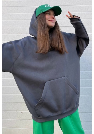 Madmext Füme Kapüşonlu Şardonlu Oversize Sweatshirt Mg1566 Füme
