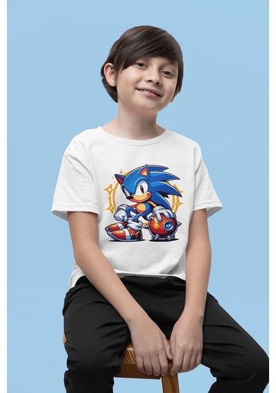 Sevbano Unisex Tasarım Sonic Baskılı Oyun Çocuk Tişört 1-12 Yaş Beyaz