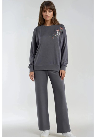 Fiolin Nakışlı Bisiklet Yaka Sweatshirt Ve Düz Paça Pantolon İkili Takım Füme