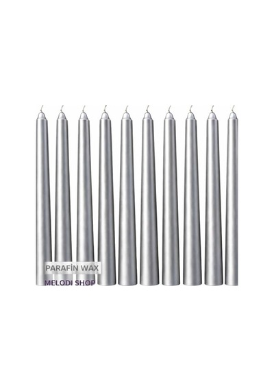 Gümüş Renk İnce Şamdan Mum Seti, 25 Cm Uzunluk, 10'lu Paket, Dekoratif Taper Dilek Mum, Şık Masa, Davet Ve Öze Diğer