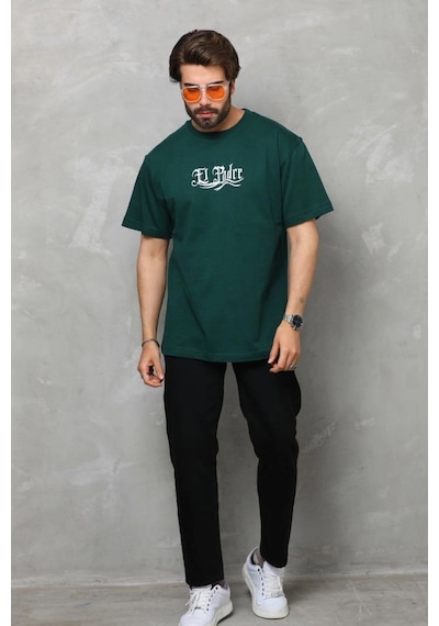 Bisiklet Yaka Baskılı Oversize T-shirt - Yeşil -
