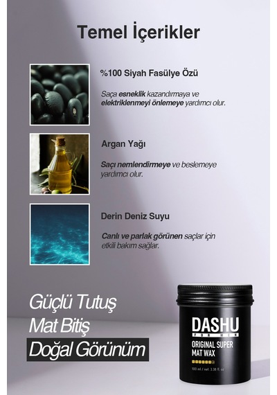 Ultra Güçlü, Mat Bitişli, Kalıntı Bırakmayan, Besleyici Dashu For Men Premium Original Super Mat Wax