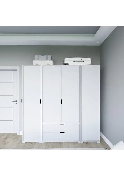 Duru Mat Beyaz 4 Kapılı 2 Çekmeceli Elbise Dolabı - Gardırop Seti Beyaz
