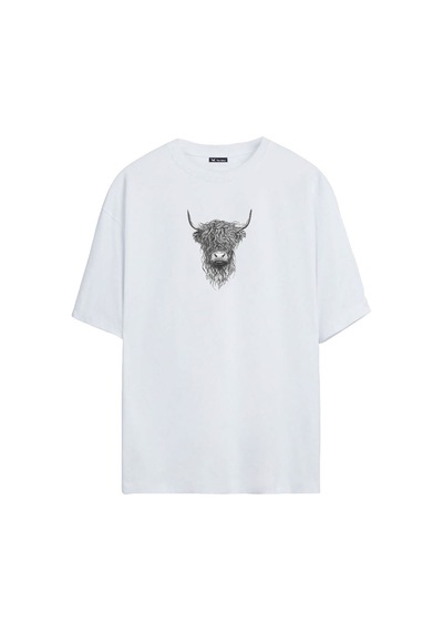 Thewert Unisex İskoç Sığır Baskılı Beyaz Oversize Tshirt