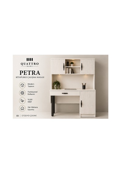Petra Kitaplıklı Çalışma Masası 3 İnç Düz Beyaz