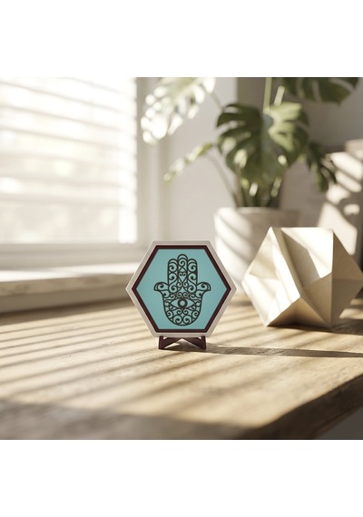 Estetik Hamsa Motifli Masaüstü Aksesuarı, Yaşam Alanlarınızda Huzurlu Bir Hava Oluşturan Modern Bir Dekor Ürünü 10x10 Cm, Turkuaz
