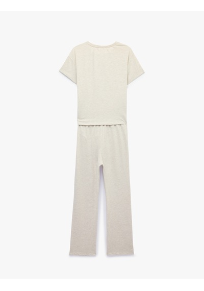 Koton Kısa Kollu Bisiklet Yaka Ayıcık Baskılı Pijama Takımı Bej Melanj 7wlk40266mk