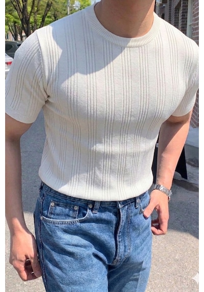 Tarz Cool Old Money Fit Bisiklet Yaka Çizgili Triko T-shirt Slim Kalıp Premium Beyaz