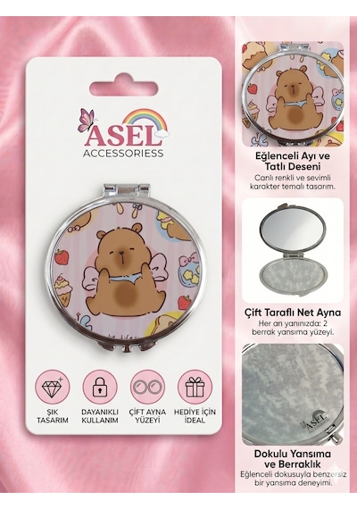 Sevimli Karakter Ve Unicorn Tasarımlı Çift Taraflı Katlanabilir Metal Cep Aynası - 9 Farklı Model Karışık Çok Renkli