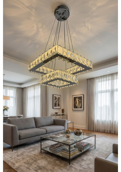 2 Katlı Kare Kristal Modern Sarkıt Led Avize Çok Renkli