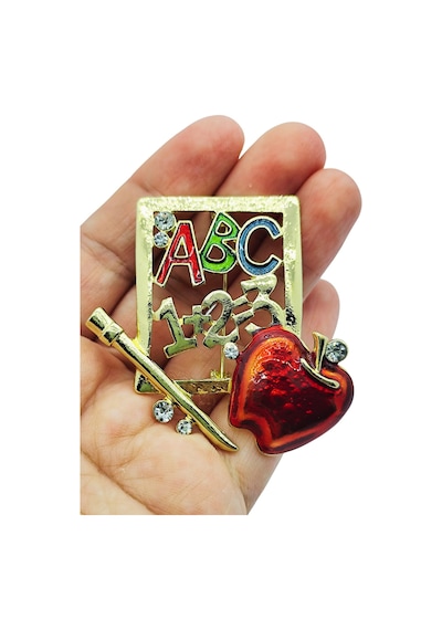 Öğretmen Temalı Abc 123 Kırmızı Elma Taşlı Broş Renkli Eğitim Sembollü Brooch Çok Renkli