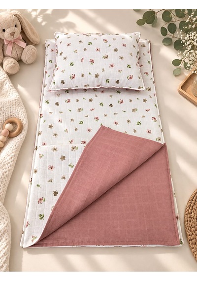 Sallhome Baby Gül Kurusu Çiçek Desenli Müslin 3'lü Bebek Alt Açma Seti Minder - Battaniye ve Yastık
