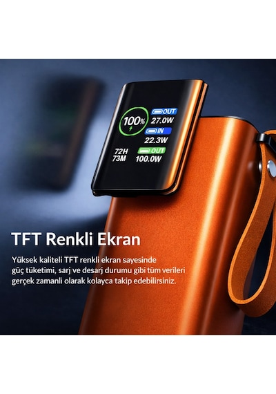 100w Ultra Hızlı Şarj Powerbank 20000 Mah Pd 3.0 Type-c Dahili Kablolu Laptop Telefon Tablet Uyumlu Tft Ekran Taşınabilir Power Bank Turuncu