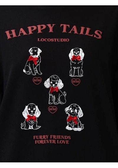 Zekids Kız Çocuk Oversize Köpek Baskılı Tasarım T-shirt-15806 Siyah