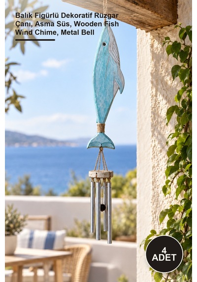 4 Adet Ahşap Balıklı Metal Çan Balık Figürlü Dekoratif Rüzgar Çanı, Asma Süs, Wooden Fish Wind Chime, Metal Bell