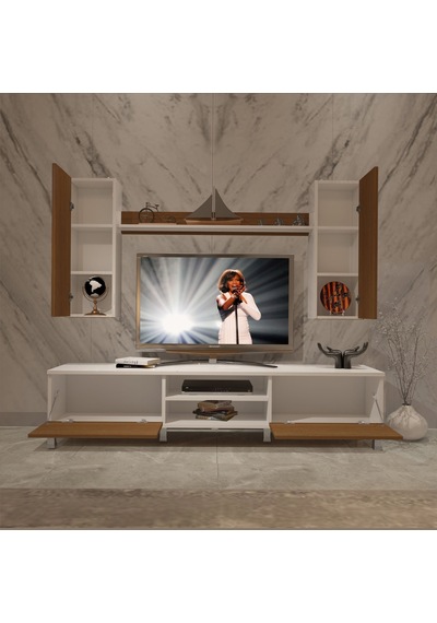 Decoraktiv Eko 5d Mdf Dvd Krom Ayaklı Tv Ünitesi Tv Sehpası Beyaz - Ceviz