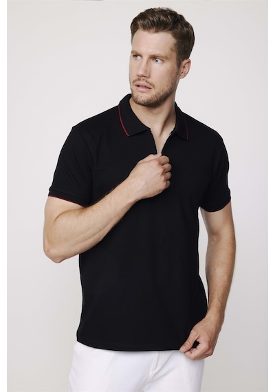 Tudors Erkek Polo Yaka Slim Fit Pamuk Fermuarlı Pike Siyah Tişört-27685-Siyah