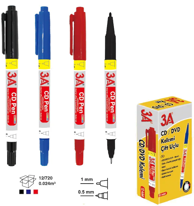 3a Asetat Kalemi Çift Taeaflı S-m Mavi 12li 12 Pk. 144 Ad. Mavi