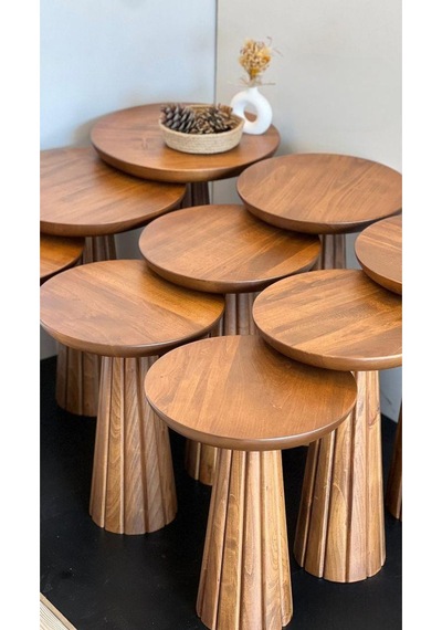 Simillo Wood Wooden 3 Lü Set Fitilli Mantar Yan Sehpa Modern Koyu Ceviz Renkli Fiskos Koyu Ceviz