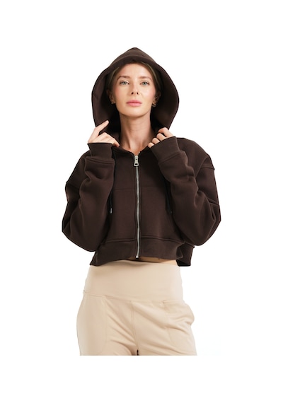 Justever Crop Kapüşonlu Fermuarlı Kanguru Cepli Şardonlu Hoodie Acı Kahve Kadın Sweatshirt - Lumen Acı Kahve Acı Kahverengi