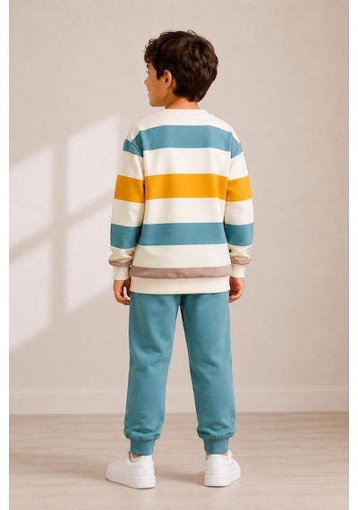 Pina Kids Erkek Çocuk Çizgili Desenli Okul Günlük Eşofman Takımı Esf7036 Mint