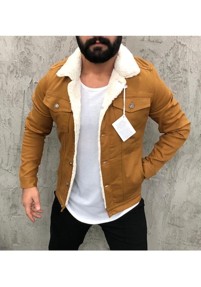 Kirli Denim Kürklü Kot Ceket Hardal