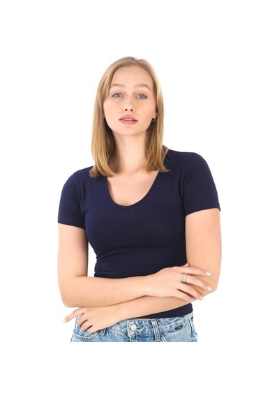 V Yaka Slim Fit Crop Tişört-lacivert Lacivert