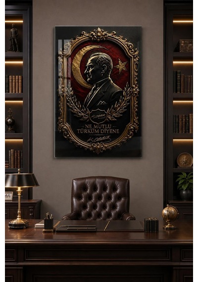Atatürk Temalı Baskılı Cam Tablo Premium 3d Efektli Dekoratif Duvar Tablosu