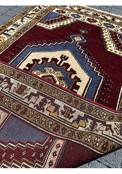 El Dokuma %100 Yün Yahyalı Halısı 100x157 Bordo Mavi Kök Boya Bordo